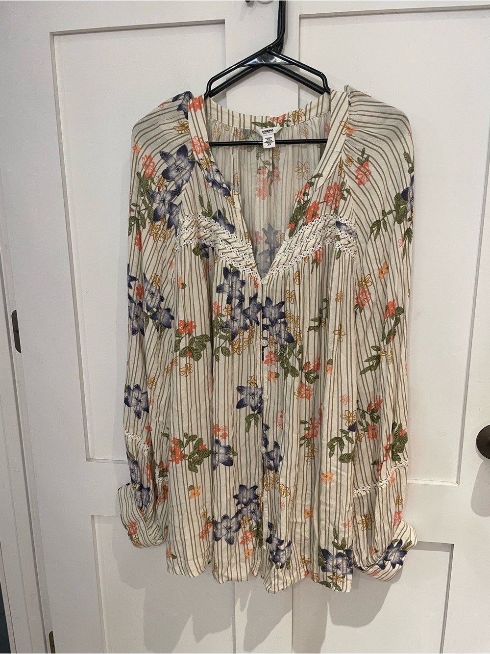 Sonoma Cream Floral & Stripe Lace-Trim Long Button front Boho shirt 3XL